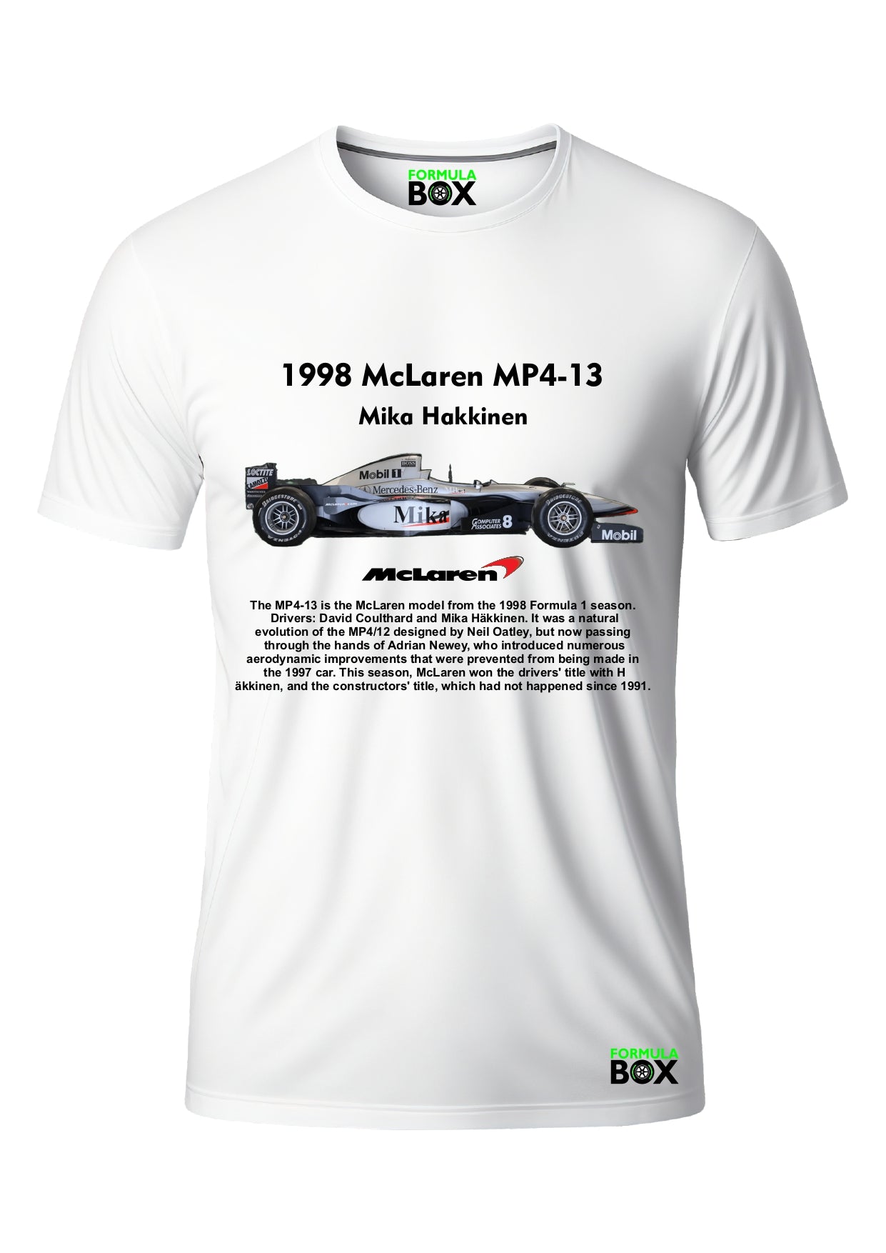 Camiseta McLaren MP4-13 Mika Hakkinen 1998 Algodão
