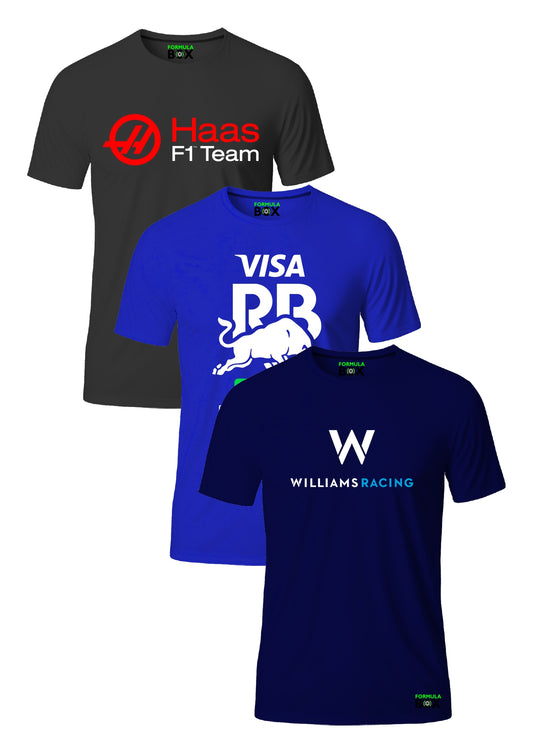 Kit 3 Camisetas - Haas, Racing Bulls e Williams - Algodão Premium