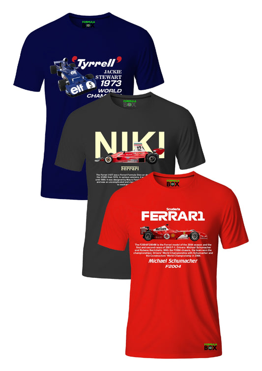 Kit 3 Camisetas - Jackie Stewart, Niki Lauda e Shumacher - Algodão Premium
