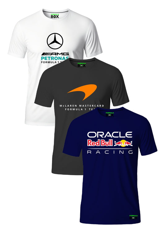 Kit 3 Camisetas - Mercedes, McLaren e Red Bull 2026 - Algodão Premium